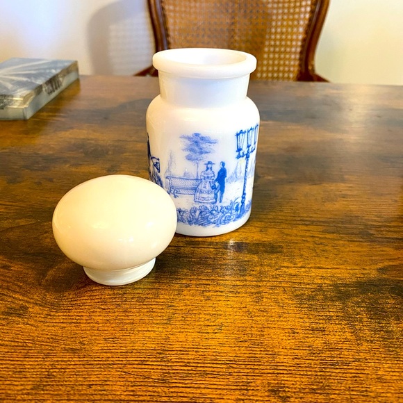 Vintage Milk Glass Apothecary Jar Blue and White Made in Belgium - Picture 4 of 8